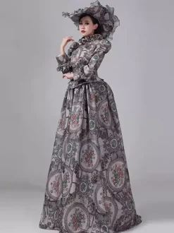 Robe victorienne grise à tournure manches longues robe maxi rétro à fleurs avec chapeau