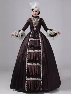 Robe victorienne marron foncé à manches longues col montant en dentelle style rétro