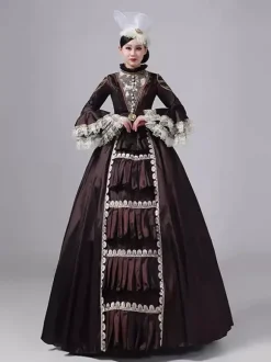 Robe victorienne marron foncé à manches longues col montant en dentelle style rétro