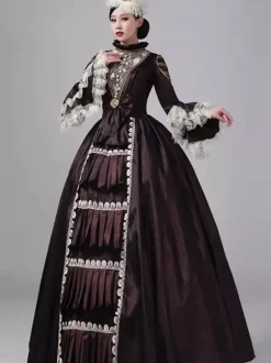 Robe victorienne marron foncé à manches longues col montant en dentelle style rétro