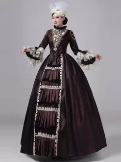 Robe victorienne marron foncé à manches longues col montant en dentelle style rétro