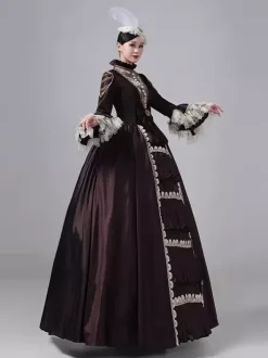 Robe victorienne marron foncé à manches longues col montant en dentelle style rétro