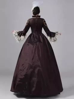 Robe victorienne marron foncé à manches longues col montant en dentelle style rétro