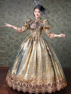 Robe Victorienne Rococo Dentelle À Imprimé Floral Manches 3/4 Robe Classique Champagne