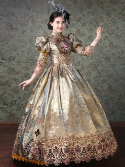 Robe Victorienne Rococo Dentelle À Imprimé Floral Manches 3/4 Robe Classique Champagne
