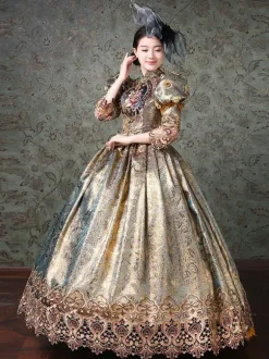 Robe Victorienne Rococo Dentelle À Imprimé Floral Manches 3/4 Robe Classique Champagne