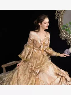 Robe Victorienne Rococo À Imprimé Floral En Dentelle À Manches Robe Classique Abricot Profond