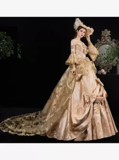 Robe Victorienne Rococo À Imprimé Floral En Dentelle À Manches Robe Classique Abricot Profond