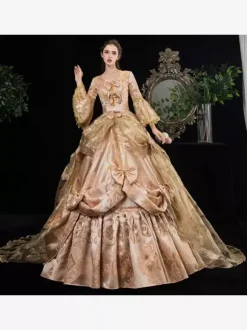 Robe Victorienne Rococo À Imprimé Floral En Dentelle À Manches Robe Classique Abricot Profond