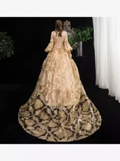 Robe Victorienne Rococo À Imprimé Floral En Dentelle À Manches Robe Classique Abricot Profond
