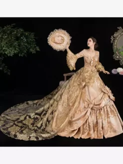 Robe Victorienne Rococo À Imprimé Floral En Dentelle À Manches Robe Classique Abricot Profond