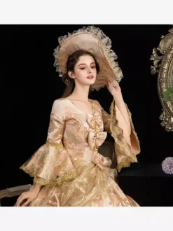 Robe Victorienne Rococo À Imprimé Floral En Dentelle À Manches Robe Classique Abricot Profond