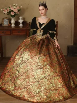 Robe Victorienne rétro dorés Robe en jacquard de polyester Costume de Marie-Antoinette Renaissance pour femme Costume du XVIIIe siècle