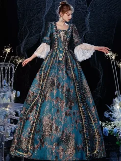 Robe Victorienne Style Marie-Antoinette à Manches Évasées Costurer de Bal Masqué Rococo avec Dentelle et Broderie