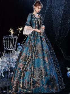Robe Victorienne Style Marie-Antoinette à Manches Évasées Costurer de Bal Masqué Rococo avec Dentelle et Broderie