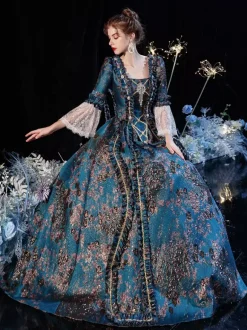 Robe Victorienne Style Marie-Antoinette à Manches Évasées Costurer de Bal Masqué Rococo avec Dentelle et Broderie
