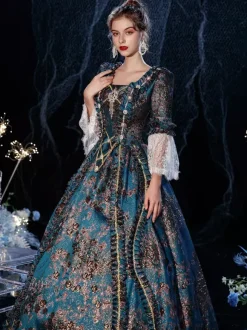 Robe Victorienne Style Marie-Antoinette à Manches Évasées Costurer de Bal Masqué Rococo avec Dentelle et Broderie