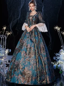 Robe Victorienne Style Marie-Antoinette à Manches Évasées Costurer de Bal Masqué Rococo avec Dentelle et Broderie