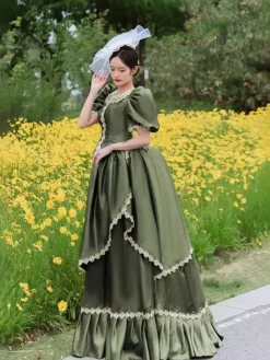 Robe victorienne à tournure bouffante manches bouffantes volants en dentelle robe maxi rétro avec chapeau