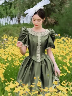 Robe victorienne à tournure bouffante manches bouffantes volants en dentelle robe maxi rétro avec chapeau