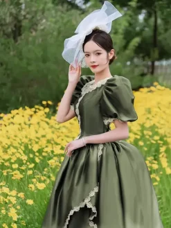 Robe victorienne à tournure bouffante manches bouffantes volants en dentelle robe maxi rétro avec chapeau