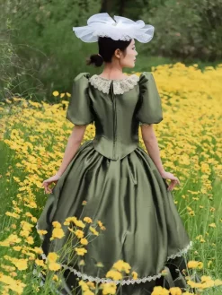Robe victorienne à tournure bouffante manches bouffantes volants en dentelle robe maxi rétro avec chapeau