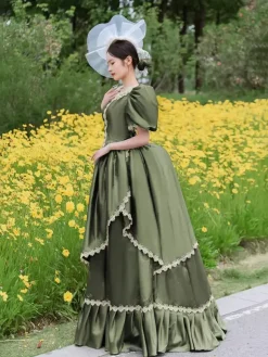 Robe victorienne à tournure bouffante manches bouffantes volants en dentelle robe maxi rétro avec chapeau