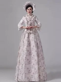 Robe victorienne à tournure imprimé floral champêtre élégante robe maxi rétro à manches longues et chapeau