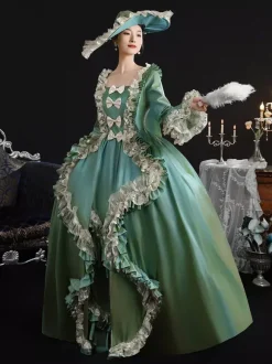 Robe victorienne vintage pour femme silhouette à hanches larges style XVIIIe siècle robe verte rétro