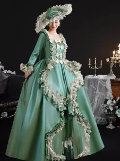 Robe victorienne vintage pour femme silhouette à hanches larges style XVIIIe siècle robe verte rétro
