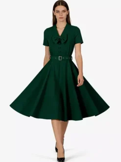 Robe vintage années 1950 robe swing vintage col à n艙ud papillon manches courtes robe de thé