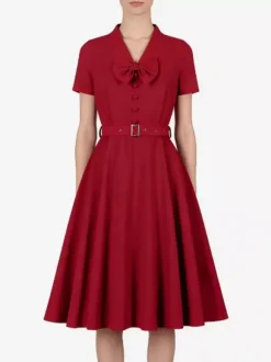 Robe vintage années 1950 robe swing vintage col à n艙ud papillon manches courtes robe de thé