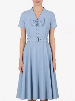 Robe vintage années 1950 robe swing vintage col à n艙ud papillon manches courtes robe de thé