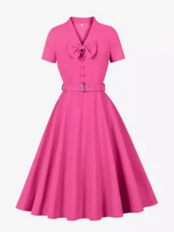 Robe vintage années 1950 robe swing vintage col à n艙ud papillon manches courtes robe de thé