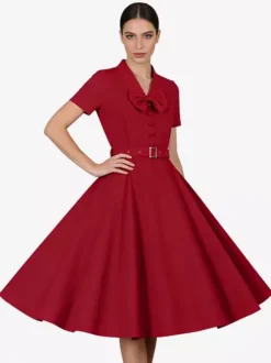 Robe vintage années 1950 robe swing vintage col à n艙ud papillon manches courtes robe de thé