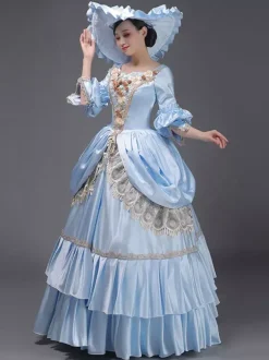Robe Vintage Bleu Ciel Clair Rétro Costumes Dentelle Chapeau Femme Marie Antoinette Tunique Royale Mascarade Robe De Bal Déguisement Médiéval