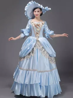 Robe Vintage Bleu Ciel Clair Rétro Costumes Dentelle Chapeau Femme Marie Antoinette Tunique Royale Mascarade Robe De Bal Déguisement Médiéval