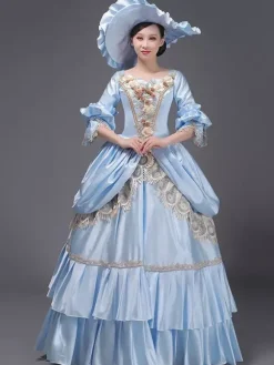 Robe Vintage Bleu Ciel Clair Rétro Costumes Dentelle Chapeau Femme Marie Antoinette Tunique Royale Mascarade Robe De Bal Déguisement Médiéval