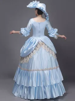 Robe Vintage Bleu Ciel Clair Rétro Costumes Dentelle Chapeau Femme Marie Antoinette Tunique Royale Mascarade Robe De Bal Déguisement Médiéval