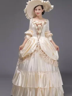 Robe Vintage Bleu Ciel Clair Rétro Costumes Dentelle Chapeau Femme Marie Antoinette Tunique Royale Mascarade Robe De Bal Déguisement Médiéval