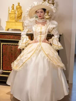 Robe Vintage Champagne Rétro Costumes Femme Marie Antoinette Costume Dentelle Volants Tunique 18ème Siècle Déguisement Médiéval