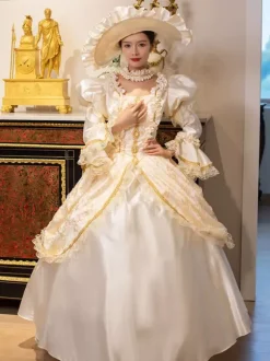 Robe Vintage Champagne Rétro Costumes Femme Marie Antoinette Costume Dentelle Volants Tunique 18ème Siècle Déguisement Médiéval