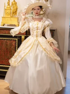 Robe Vintage Champagne Rétro Costumes Femme Marie Antoinette Costume Dentelle Volants Tunique 18ème Siècle Déguisement Médiéval