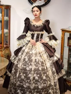 Robe Vintage Costumes Rétro Marron Foncé Dentelle Chapeaux Femmes Marie Antoinette Tunique Mascarade Robe De Bal Déguisement Médiéval