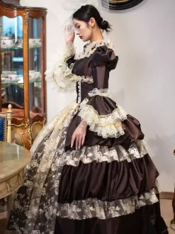 Robe Vintage Costumes Rétro Marron Foncé Dentelle Chapeaux Femmes Marie Antoinette Tunique Mascarade Robe De Bal Déguisement Médiéval