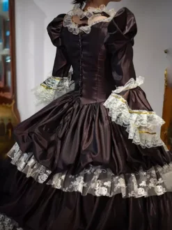 Robe Vintage Costumes Rétro Marron Foncé Dentelle Chapeaux Femmes Marie Antoinette Tunique Mascarade Robe De Bal Déguisement Médiéval
