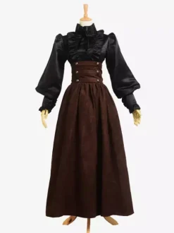 Robe vintage marron foncé à volants costume médiéval de la Renaissance vêtements vintage