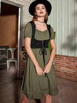 Robe vintage Renaissance pour femme col carré manches courtes dos en V coupe trapèze froncée style soirée