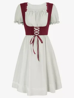Robe vintage Renaissance pour femme col carré manches courtes dos en V coupe trapèze froncée style soirée