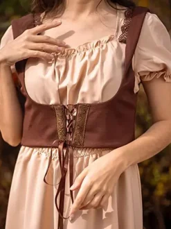 Robe vintage Renaissance pour femme col carré manches courtes dos en V coupe trapèze froncée style soirée